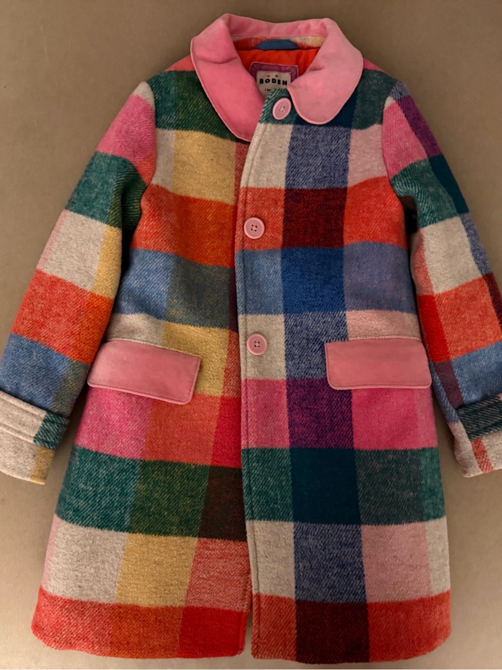 Mini Boden Multicolor Plaid Coat with Pink Velvet Collar